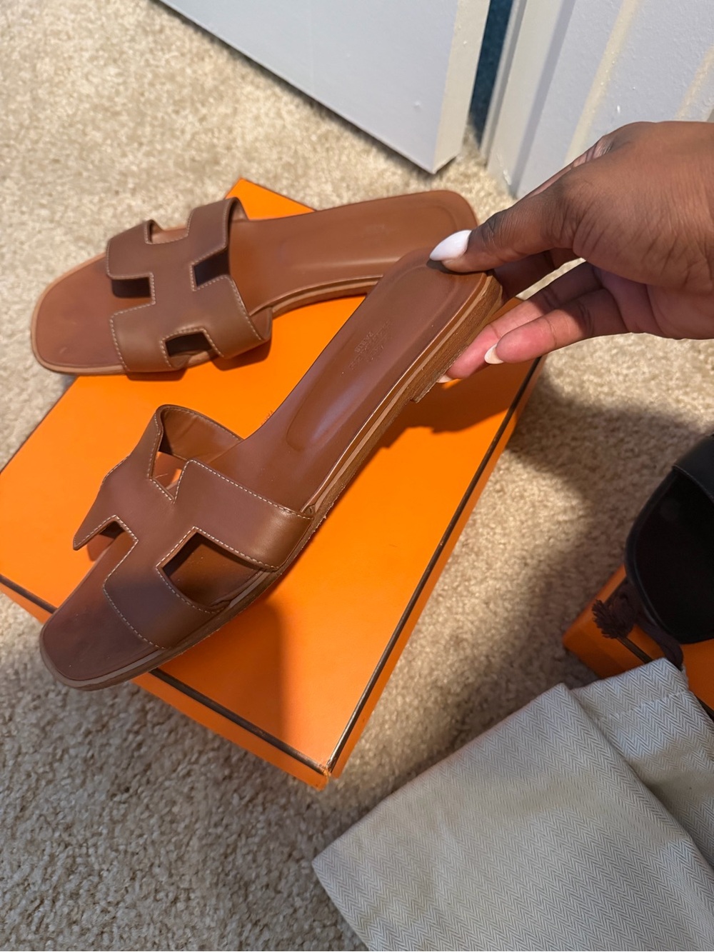 Hermes Brown Oran Leather Slide Sandals